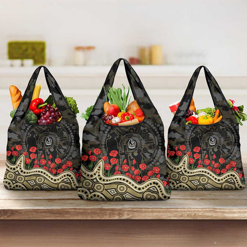 Collingwood Magpies ANZAC Day Grocery Bag Indigenous Dot Art with Poppy Flower Tribute