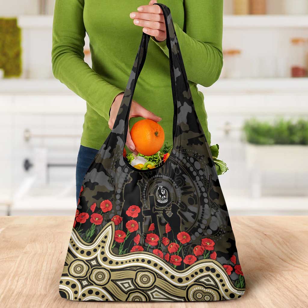 Collingwood Magpies ANZAC Day Grocery Bag Indigenous Dot Art with Poppy Flower Tribute