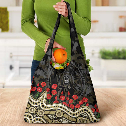Collingwood Magpies ANZAC Day Grocery Bag Indigenous Dot Art with Poppy Flower Tribute