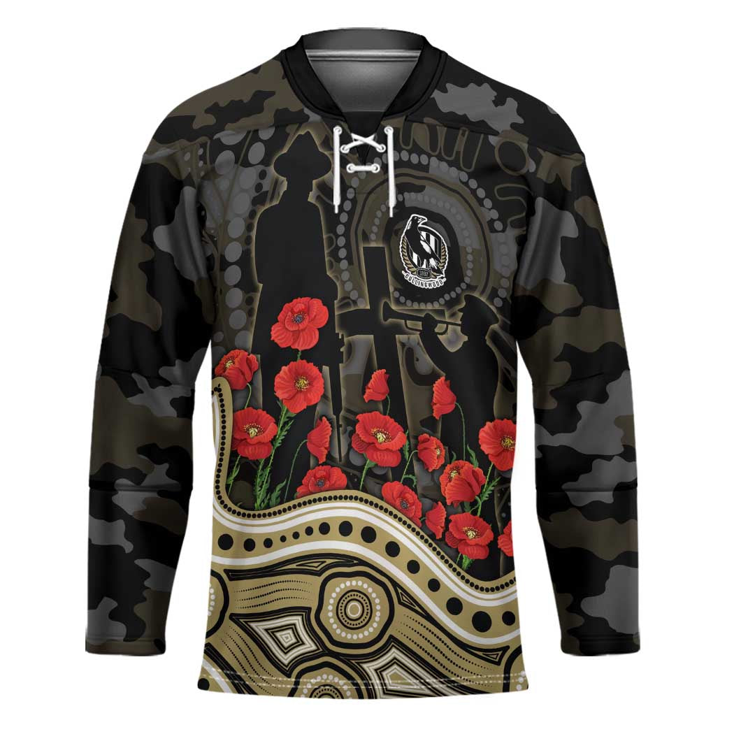 Collingwood Magpies ANZAC Day Hockey Jersey Indigenous Dot Art with Poppy Flower Tribute
