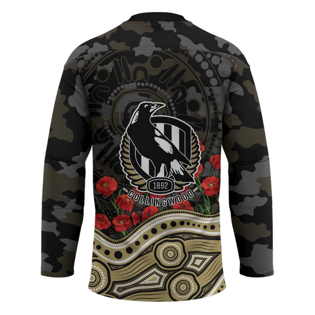 Collingwood Magpies ANZAC Day Hockey Jersey Indigenous Dot Art with Poppy Flower Tribute