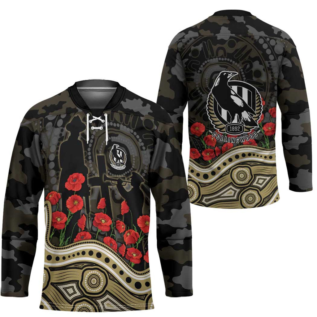 Collingwood Magpies ANZAC Day Hockey Jersey Indigenous Dot Art with Poppy Flower Tribute