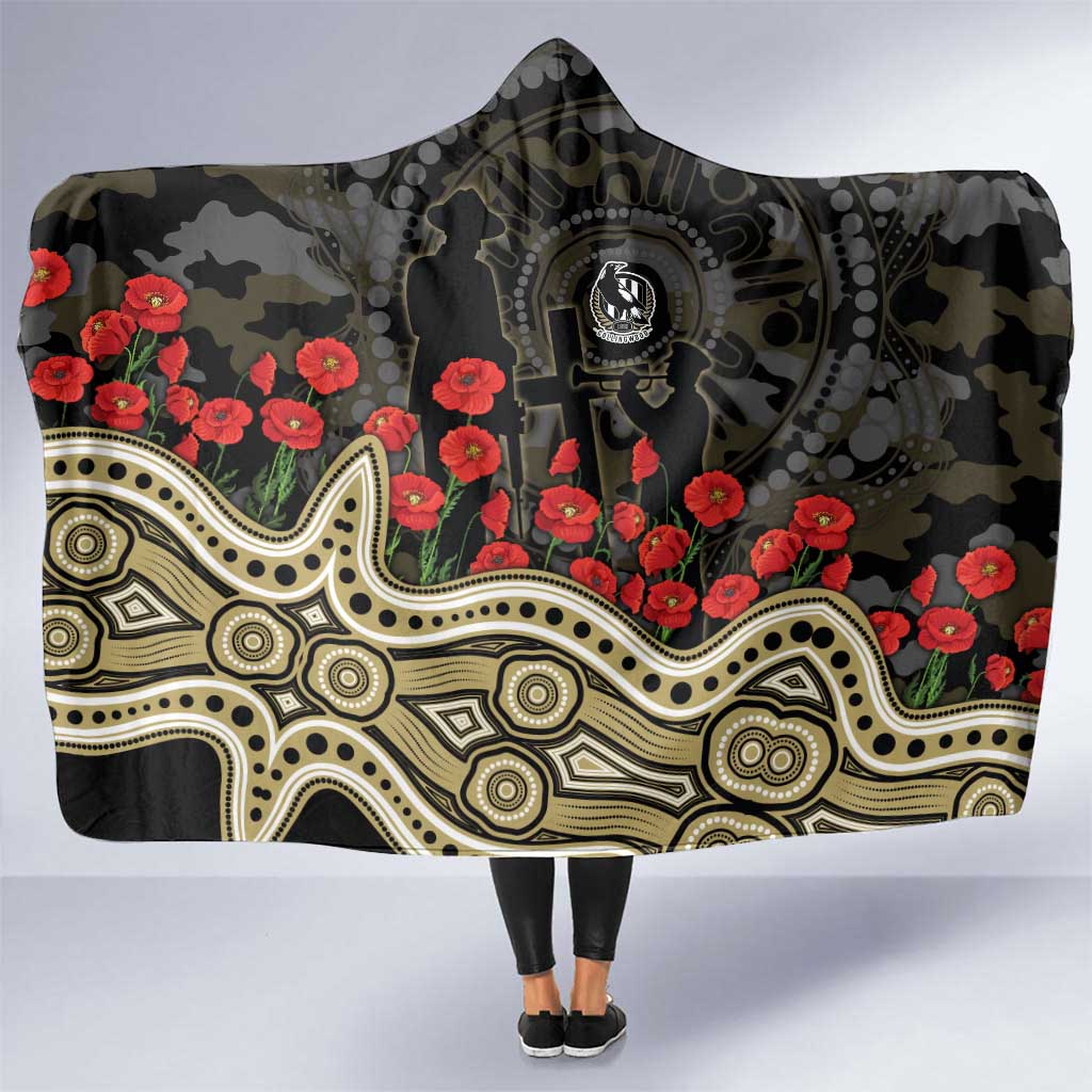 Collingwood Magpies ANZAC Day Hooded Blanket Indigenous Dot Art with Poppy Flower Tribute