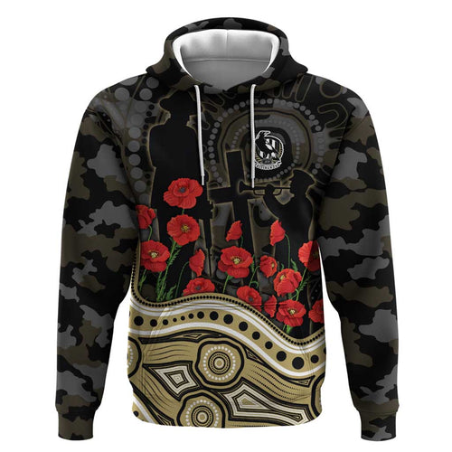 Collingwood Magpies ANZAC Day Hoodie Indigenous Dot Art with Poppy Flower Tribute