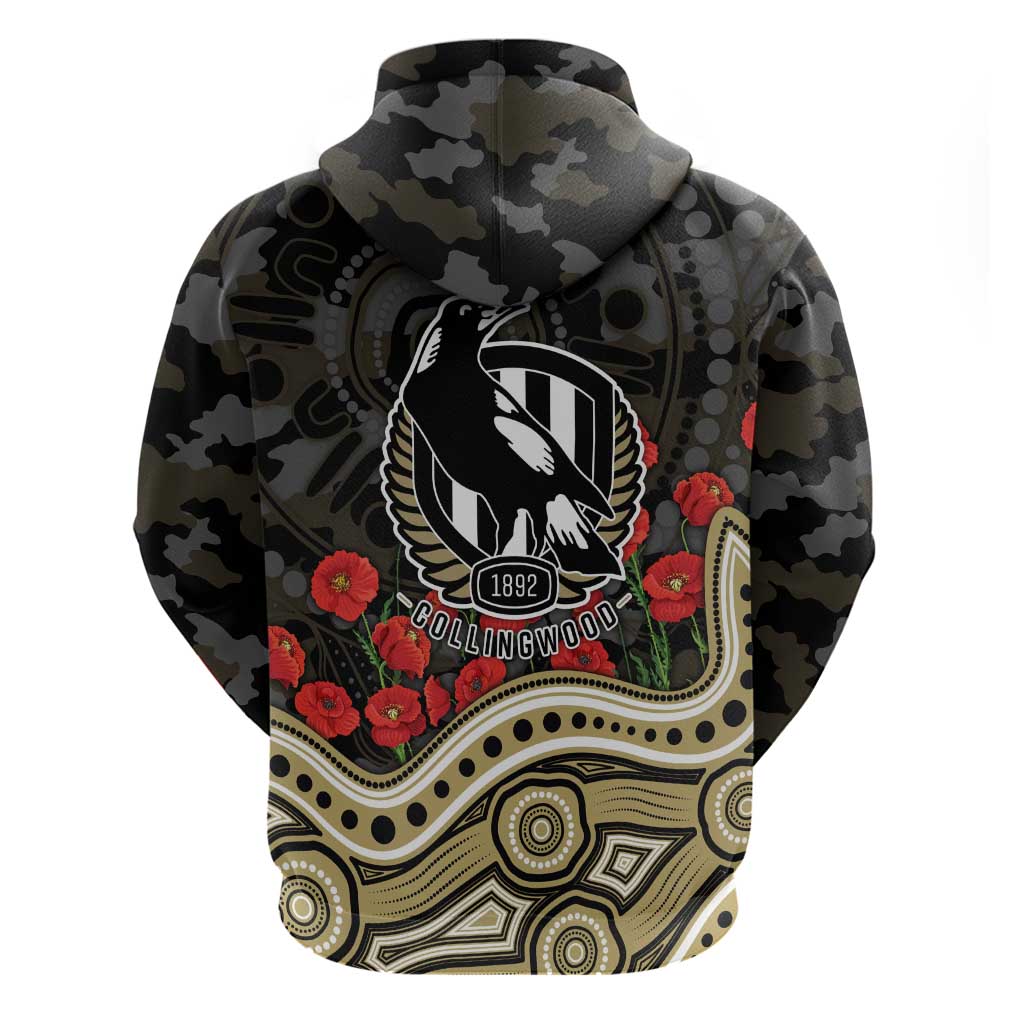 Collingwood Magpies ANZAC Day Hoodie Indigenous Dot Art with Poppy Flower Tribute