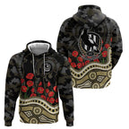 Collingwood Magpies ANZAC Day Hoodie Indigenous Dot Art with Poppy Flower Tribute