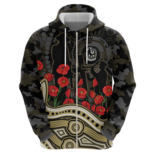 Collingwood Magpies ANZAC Day Hoodie Indigenous Dot Art with Poppy Flower Tribute
