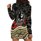 Collingwood Magpies ANZAC Day Hoodie Dress Indigenous Dot Art with Poppy Flower Tribute