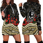 Collingwood Magpies ANZAC Day Hoodie Dress Indigenous Dot Art with Poppy Flower Tribute