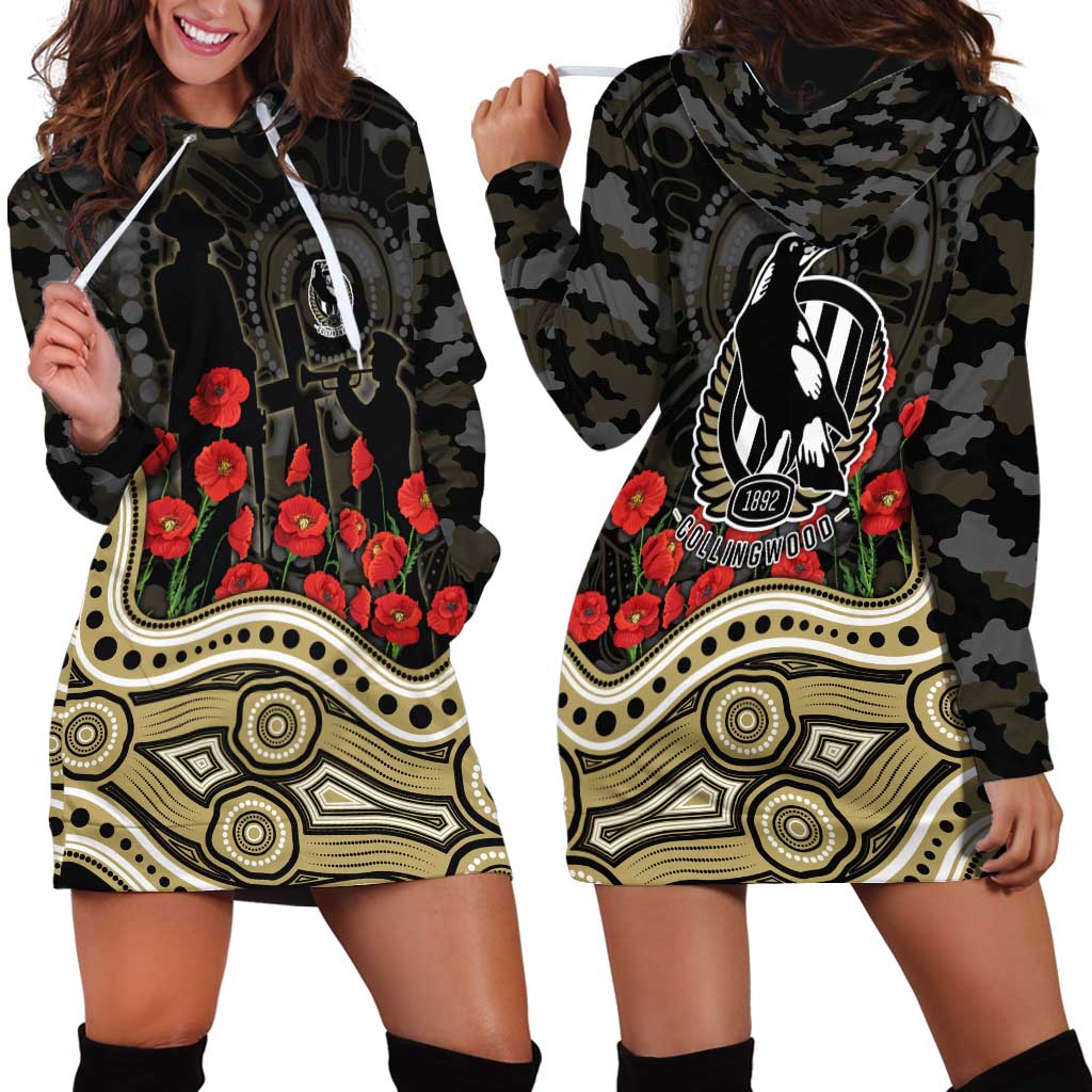 Collingwood Magpies ANZAC Day Hoodie Dress Indigenous Dot Art with Poppy Flower Tribute