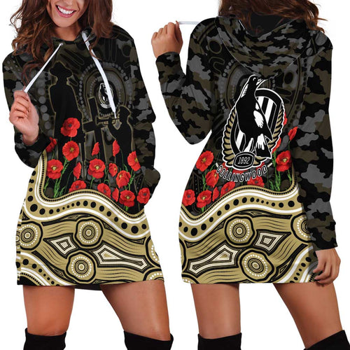 Collingwood Magpies ANZAC Day Hoodie Dress Indigenous Dot Art with Poppy Flower Tribute