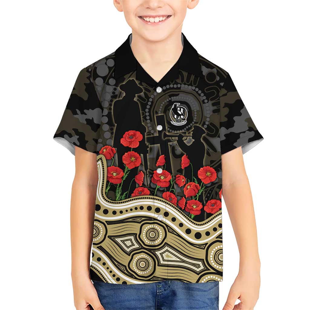 Collingwood Magpies ANZAC Day Kid Hawaiian Shirt Indigenous Dot Art with Poppy Flower Tribute