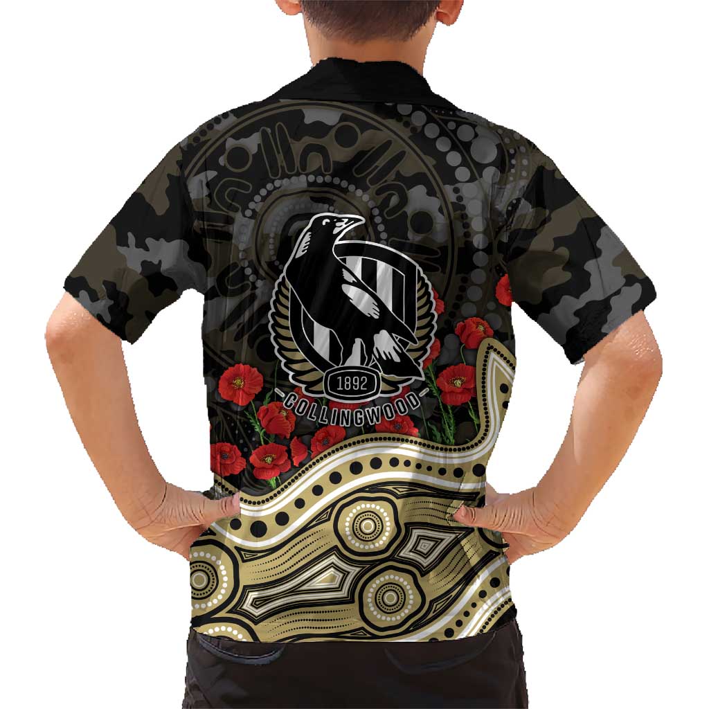 Collingwood Magpies ANZAC Day Kid Hawaiian Shirt Indigenous Dot Art with Poppy Flower Tribute