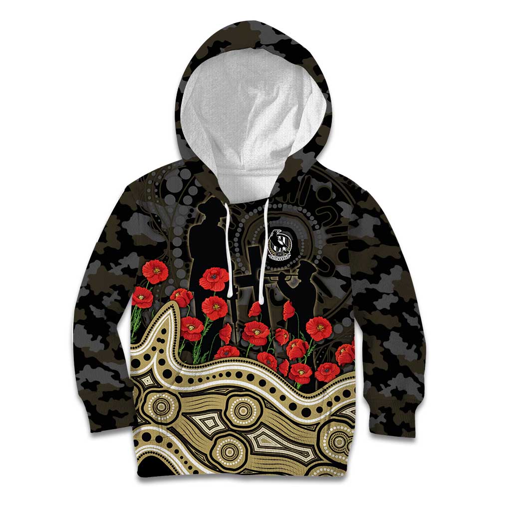 Collingwood Magpies ANZAC Day Kid Hoodie Indigenous Dot Art with Poppy Flower Tribute