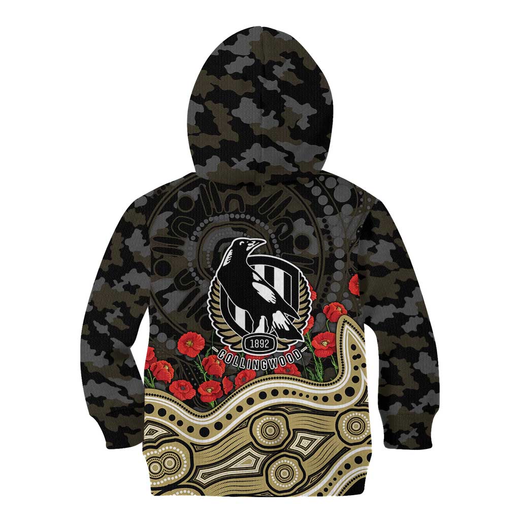 Collingwood Magpies ANZAC Day Kid Hoodie Indigenous Dot Art with Poppy Flower Tribute