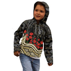 Collingwood Magpies ANZAC Day Kid Hoodie Indigenous Dot Art with Poppy Flower Tribute