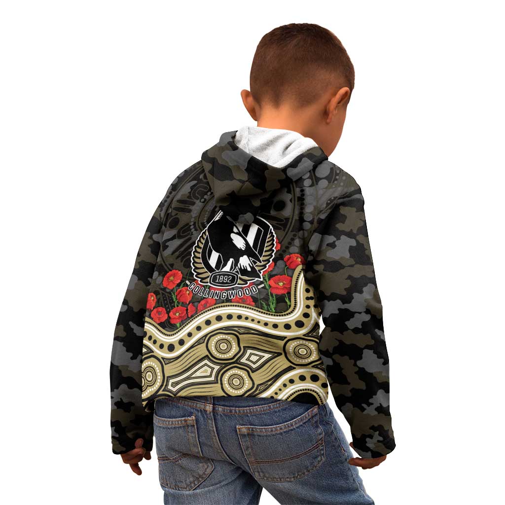 Collingwood Magpies ANZAC Day Kid Hoodie Indigenous Dot Art with Poppy Flower Tribute