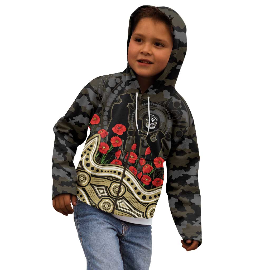 Collingwood Magpies ANZAC Day Kid Hoodie Indigenous Dot Art with Poppy Flower Tribute