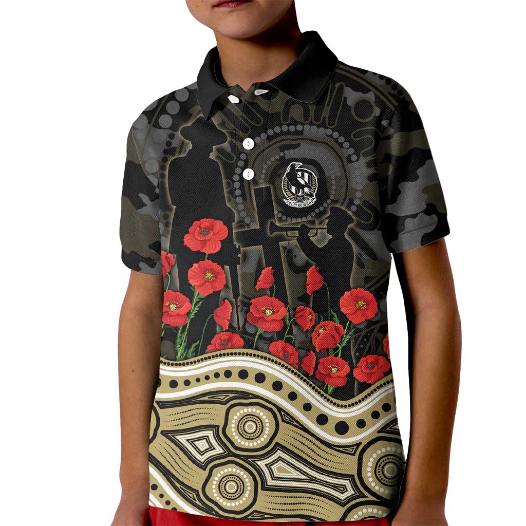 Collingwood Magpies ANZAC Day Kid Polo Shirt Indigenous Dot Art with Poppy Flower Tribute