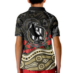 Collingwood Magpies ANZAC Day Kid Polo Shirt Indigenous Dot Art with Poppy Flower Tribute