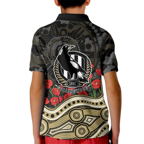 Collingwood Magpies ANZAC Day Kid Polo Shirt Indigenous Dot Art with Poppy Flower Tribute
