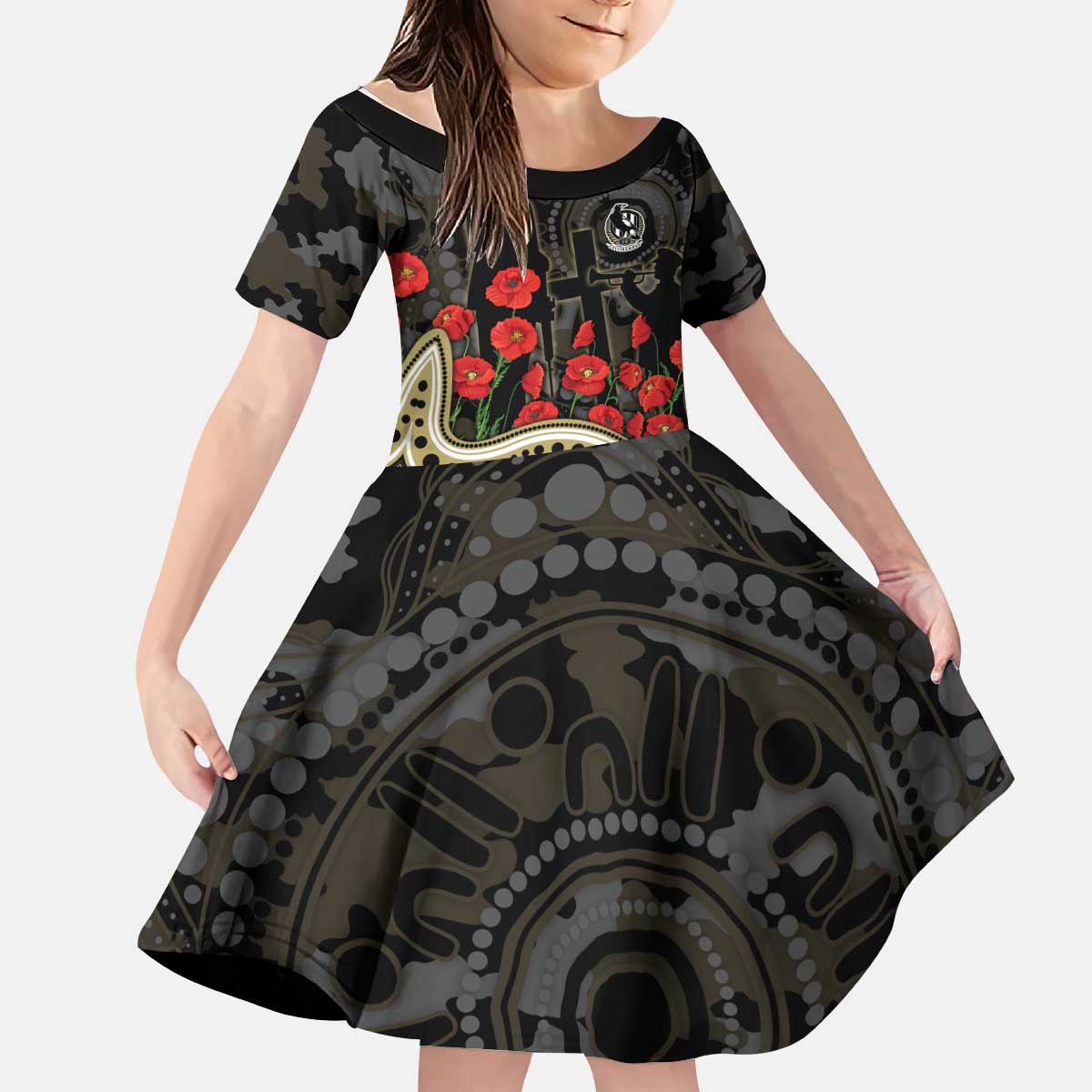 Collingwood Magpies ANZAC Day Kid Short Sleeve Dress Indigenous Dot Art with Poppy Flower Tribute
