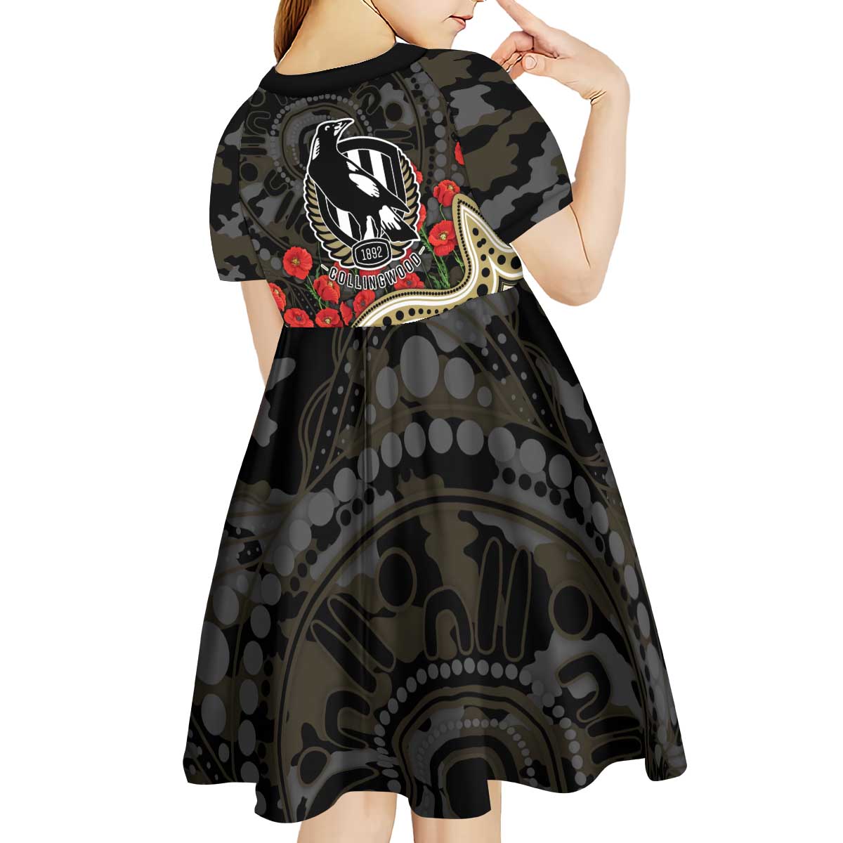 Collingwood Magpies ANZAC Day Kid Short Sleeve Dress Indigenous Dot Art with Poppy Flower Tribute