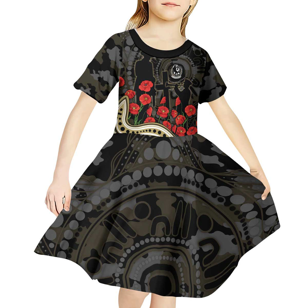 Collingwood Magpies ANZAC Day Kid Short Sleeve Dress Indigenous Dot Art with Poppy Flower Tribute