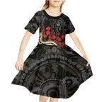 Collingwood Magpies ANZAC Day Kid Short Sleeve Dress Indigenous Dot Art with Poppy Flower Tribute