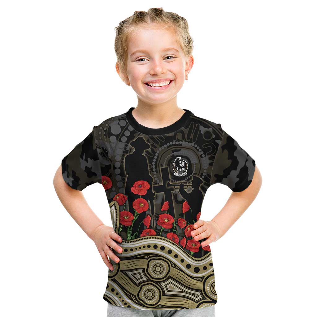 Collingwood Magpies ANZAC Day Kid T Shirt Indigenous Dot Art with Poppy Flower Tribute