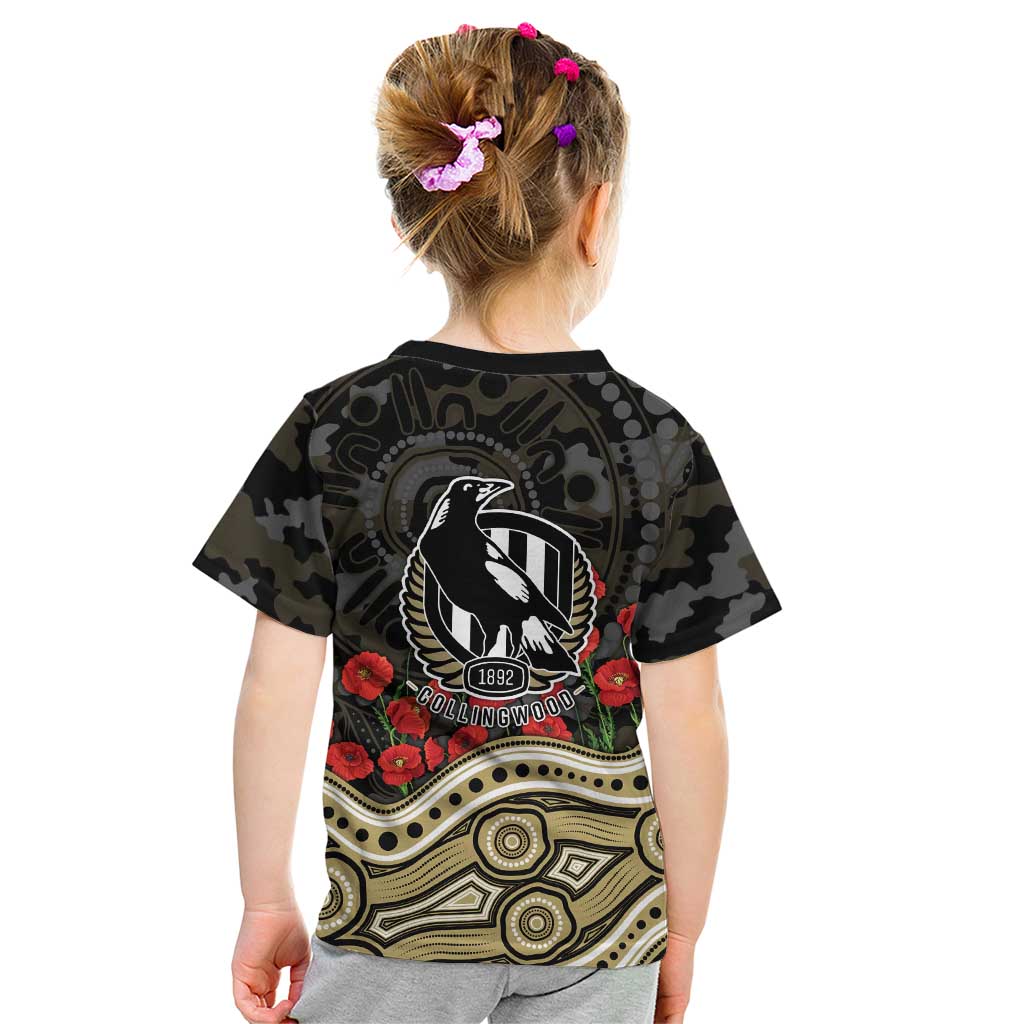 Collingwood Magpies ANZAC Day Kid T Shirt Indigenous Dot Art with Poppy Flower Tribute