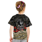 Collingwood Magpies ANZAC Day Kid T Shirt Indigenous Dot Art with Poppy Flower Tribute