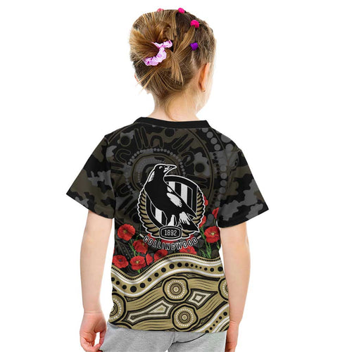 Collingwood Magpies ANZAC Day Kid T Shirt Indigenous Dot Art with Poppy Flower Tribute