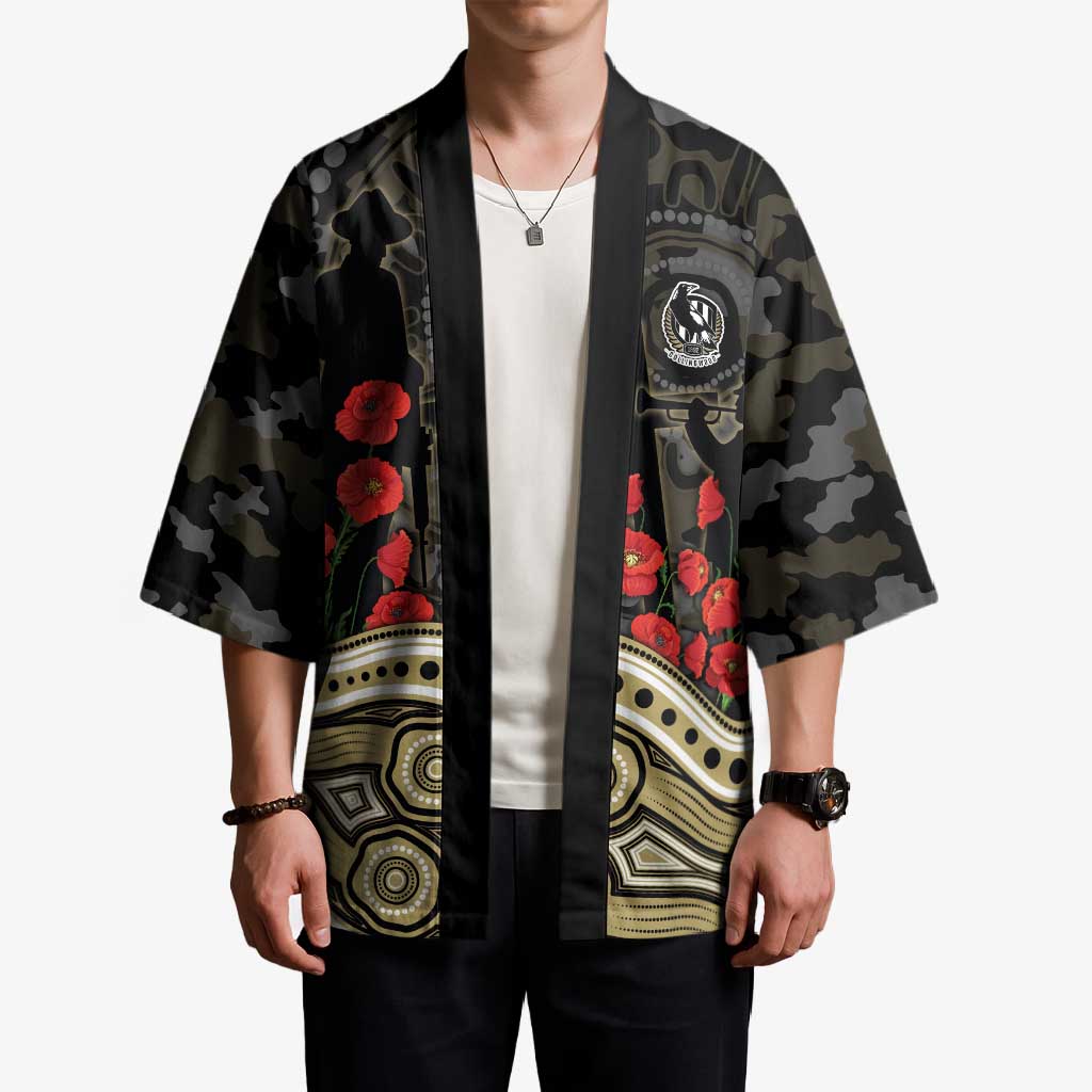 Collingwood Magpies ANZAC Day Kimono Indigenous Dot Art with Poppy Flower Tribute