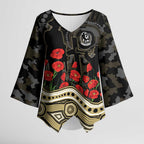 Collingwood Magpies ANZAC Day Kimono Sleeve Blouse Indigenous Dot Art with Poppy Flower Tribute