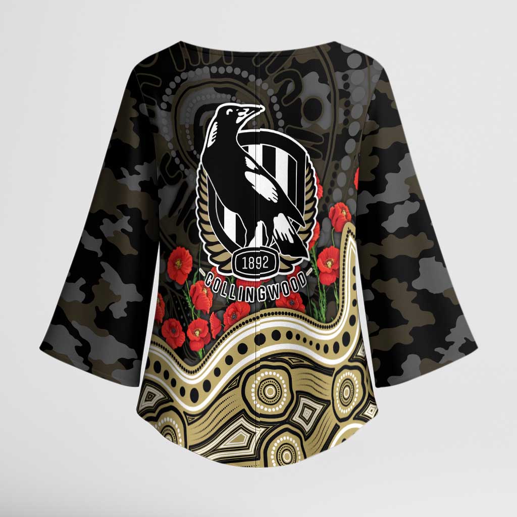 Collingwood Magpies ANZAC Day Kimono Sleeve Blouse Indigenous Dot Art with Poppy Flower Tribute