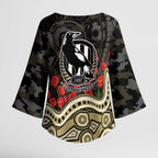 Collingwood Magpies ANZAC Day Kimono Sleeve Blouse Indigenous Dot Art with Poppy Flower Tribute