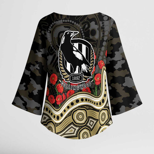 Collingwood Magpies ANZAC Day Kimono Sleeve Blouse Indigenous Dot Art with Poppy Flower Tribute
