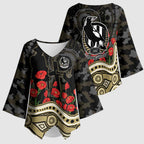 Collingwood Magpies ANZAC Day Kimono Sleeve Blouse Indigenous Dot Art with Poppy Flower Tribute