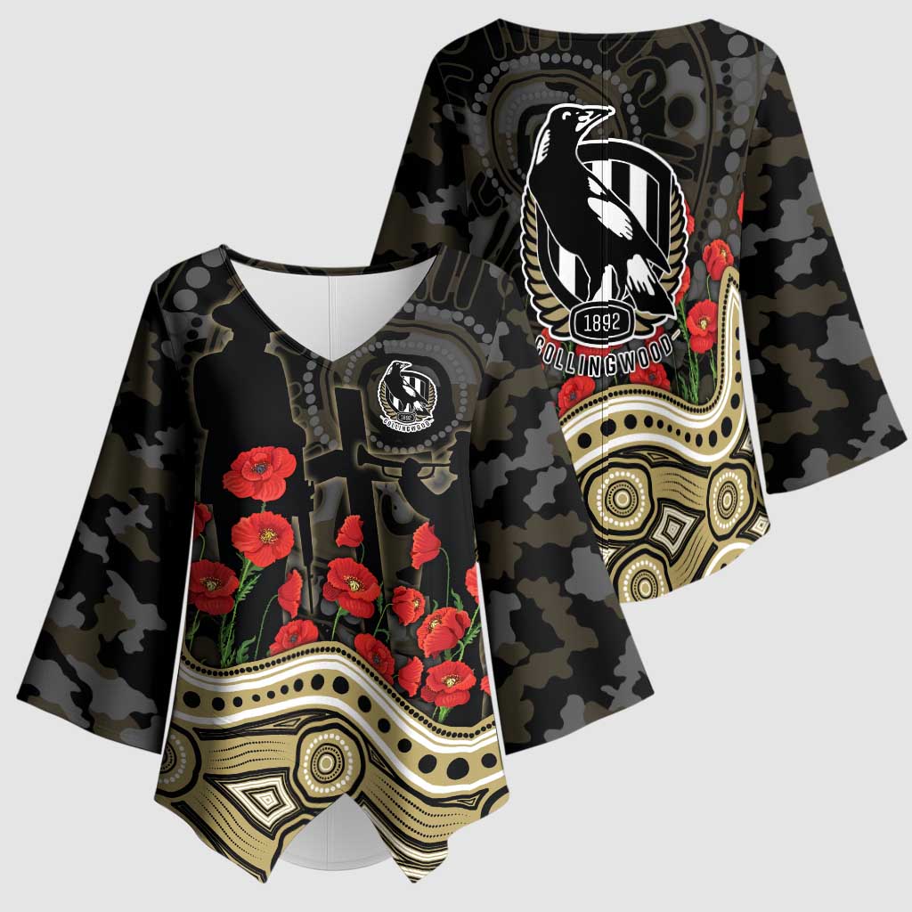Collingwood Magpies ANZAC Day Kimono Sleeve Blouse Indigenous Dot Art with Poppy Flower Tribute