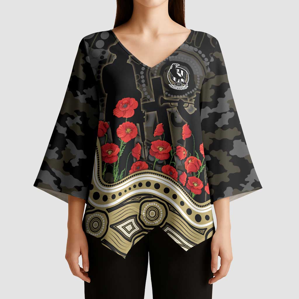 Collingwood Magpies ANZAC Day Kimono Sleeve Blouse Indigenous Dot Art with Poppy Flower Tribute