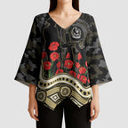 Collingwood Magpies ANZAC Day Kimono Sleeve Blouse Indigenous Dot Art with Poppy Flower Tribute