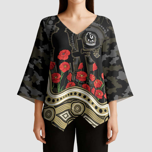 Collingwood Magpies ANZAC Day Kimono Sleeve Blouse Indigenous Dot Art with Poppy Flower Tribute