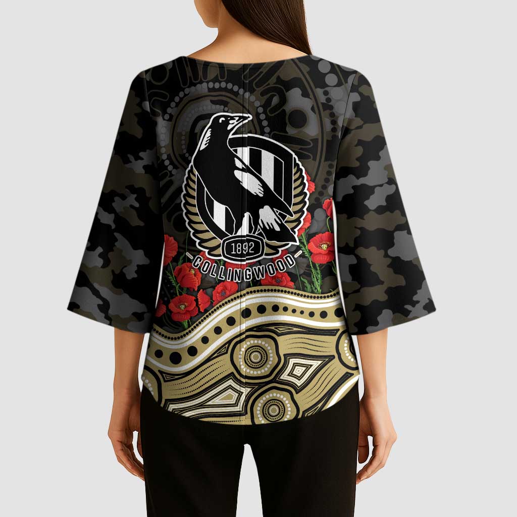 Collingwood Magpies ANZAC Day Kimono Sleeve Blouse Indigenous Dot Art with Poppy Flower Tribute