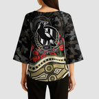 Collingwood Magpies ANZAC Day Kimono Sleeve Blouse Indigenous Dot Art with Poppy Flower Tribute
