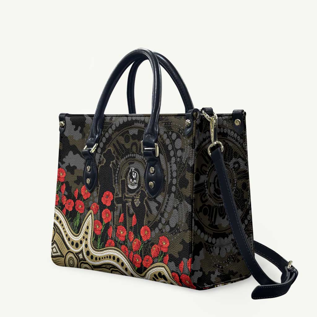 Collingwood Magpies ANZAC Day Leather Bag Indigenous Dot Art with Poppy Flower Tribute