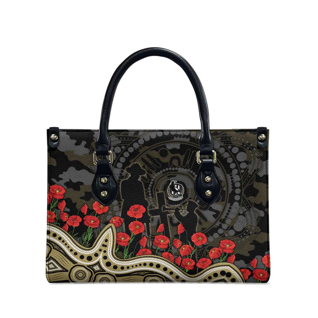 Collingwood Magpies ANZAC Day Leather Bag Indigenous Dot Art with Poppy Flower Tribute