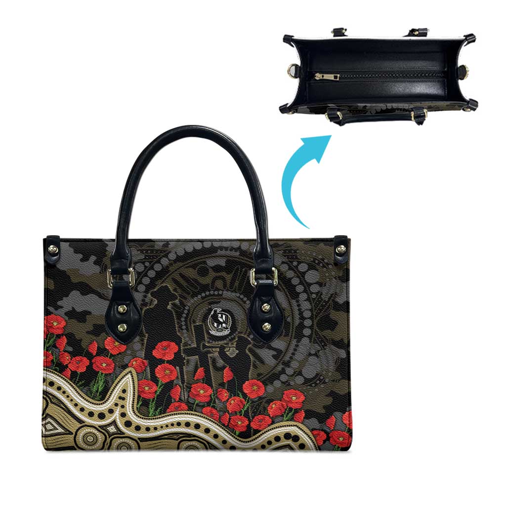 Collingwood Magpies ANZAC Day Leather Bag Indigenous Dot Art with Poppy Flower Tribute