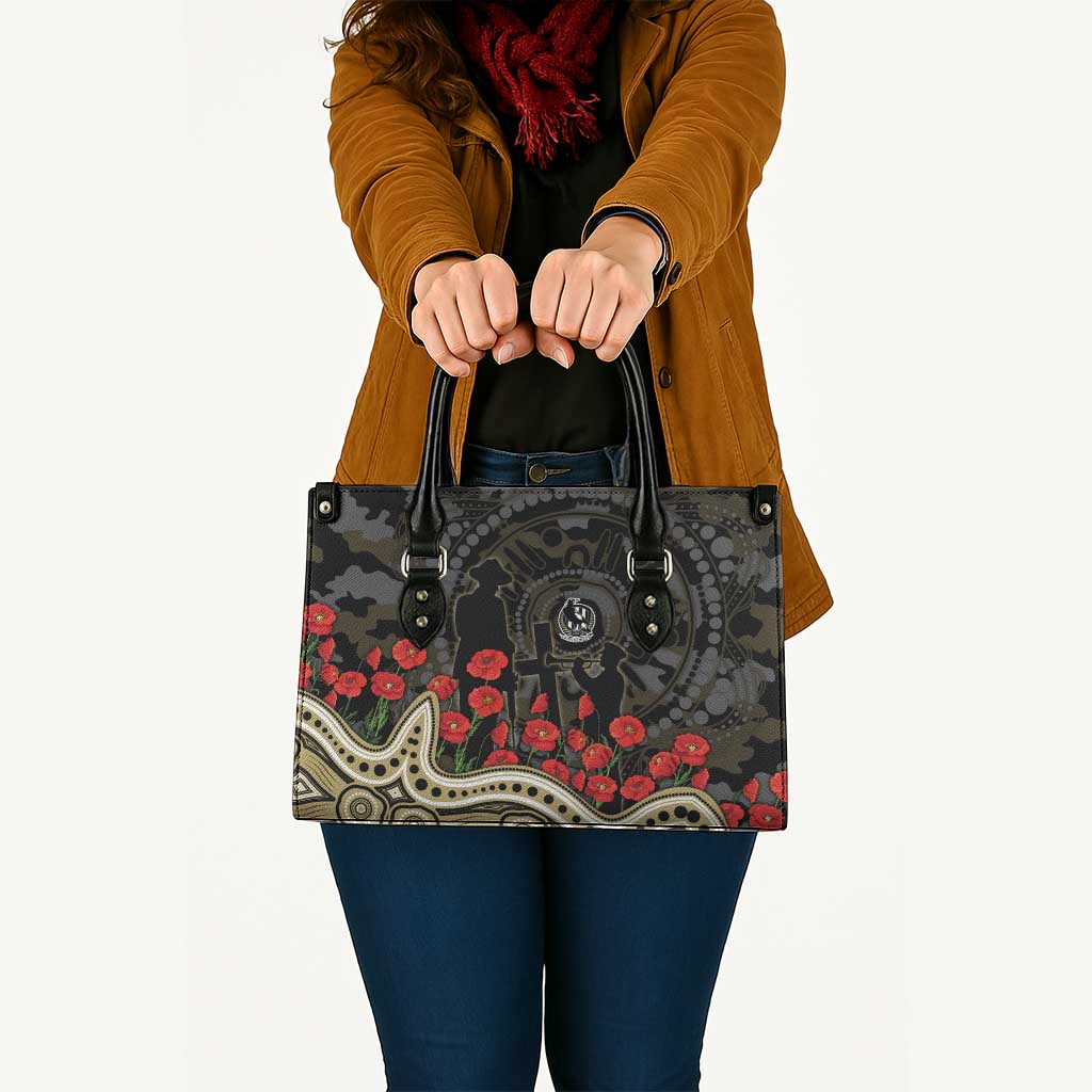 Collingwood Magpies ANZAC Day Leather Bag Indigenous Dot Art with Poppy Flower Tribute