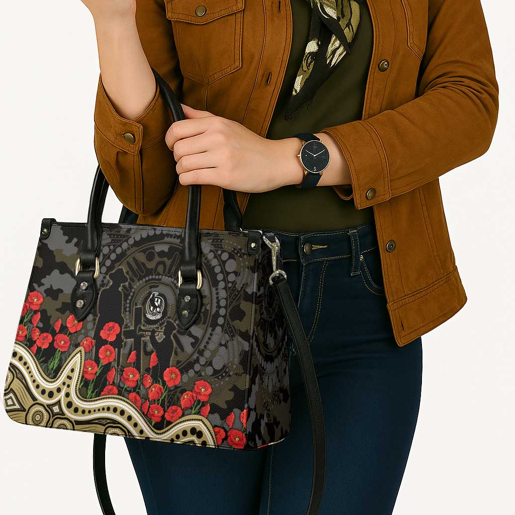 Collingwood Magpies ANZAC Day Leather Bag Indigenous Dot Art with Poppy Flower Tribute